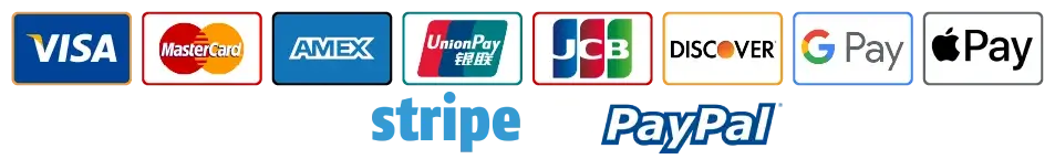 Accepted payment methods: Visa, Mastercard, Amex, Discover, Google Pay, Apple Pay, Stripe, PayPal